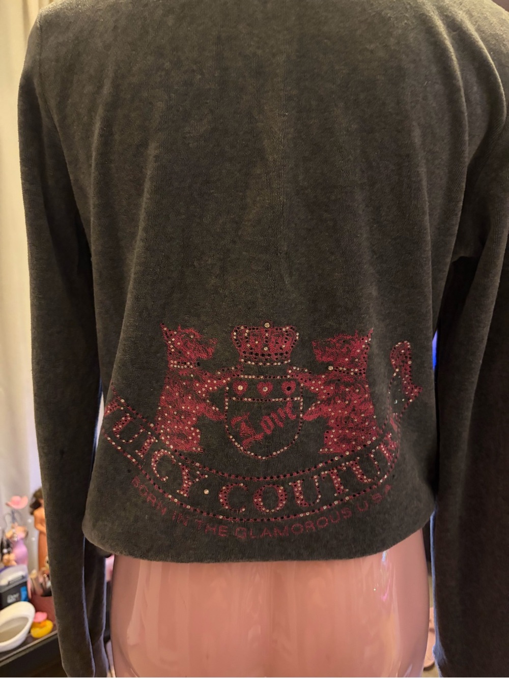 Vintage Juicy Couture Dark Grey Velour Logo Hoodie with silver Rhinestones